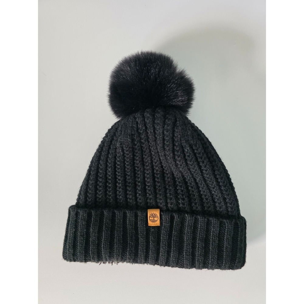 Timberland Women's Cable Knit Pom Pom Beanie Hat Black OS Classic Comfort